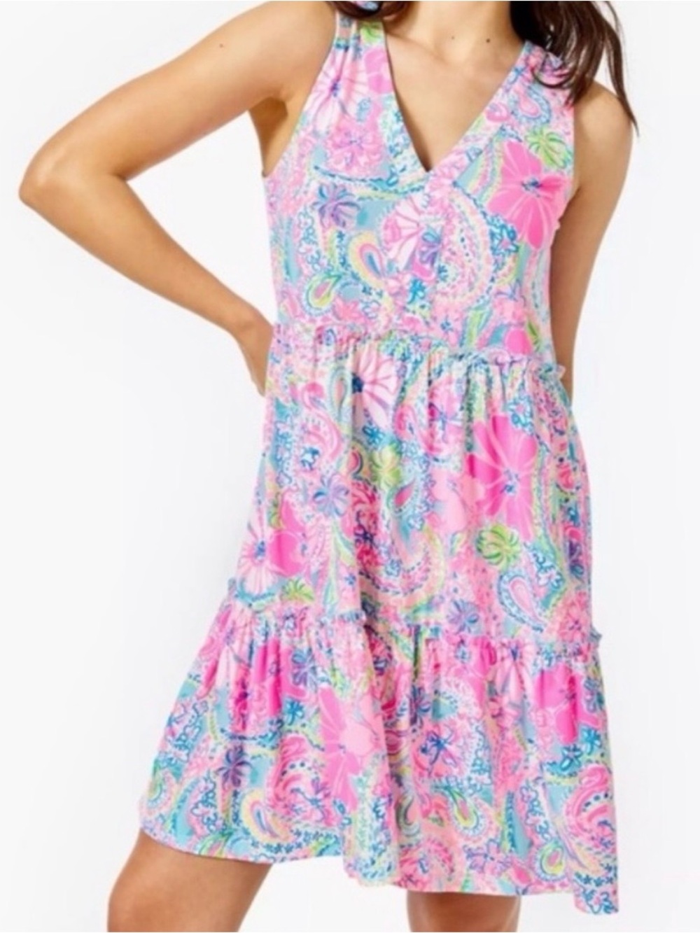 Lilly Pulitzer Lorina Swing Dress Pink Blue Tiered Cotton Jersey Size Small EUC